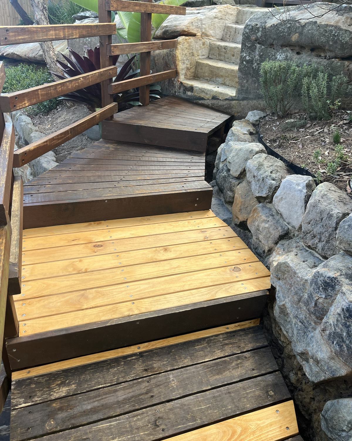 The same Mount Colah garden stairs with the rotten treads replaced in new timber